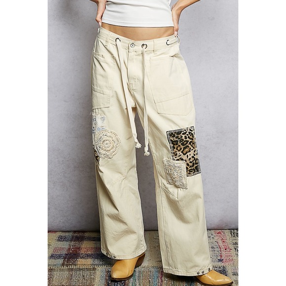 POL Pants - POL Patchwork Straight Leg Twill Pants Cream Leopard Crochet Boho M